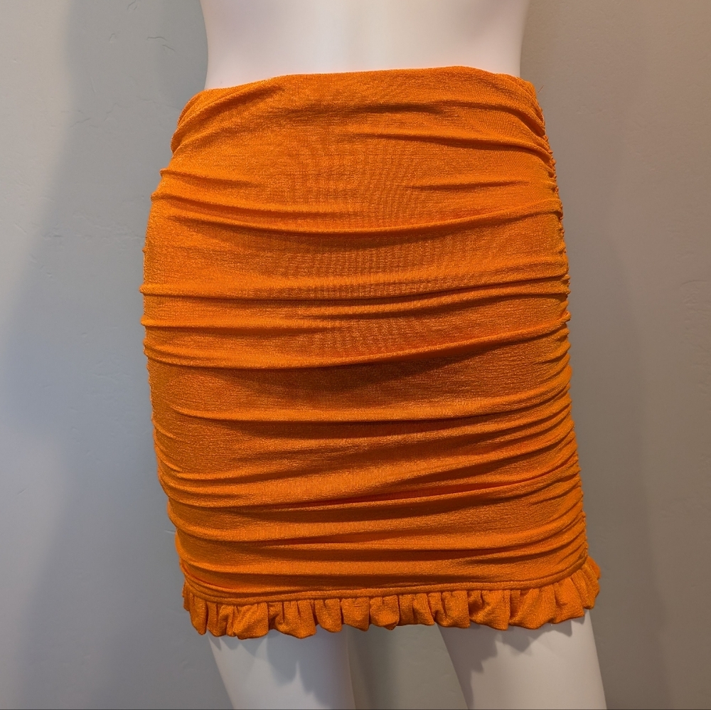 SHEIN Vibrant Orange Ruched Ruffle Hem Elastic Waist Mini Skirt Size Small